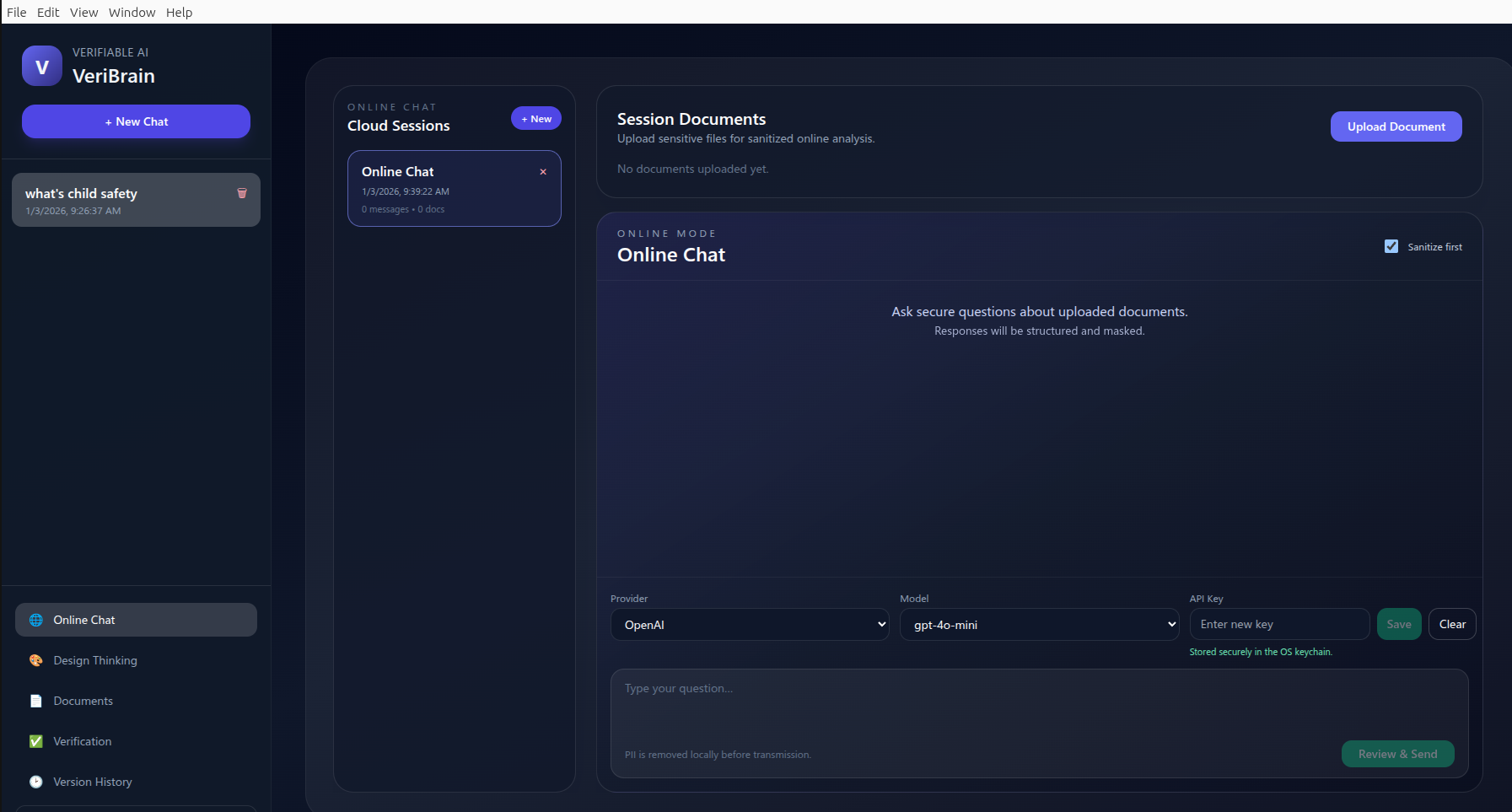 Online chat workspace in VeriBrain