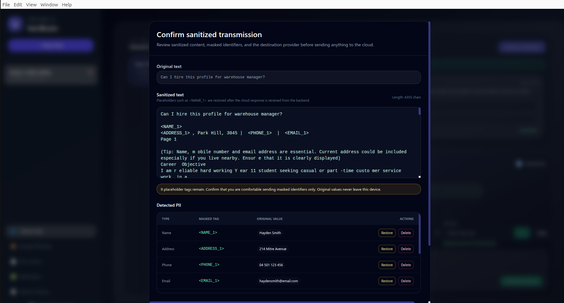 PII sanitization preview before online transmission